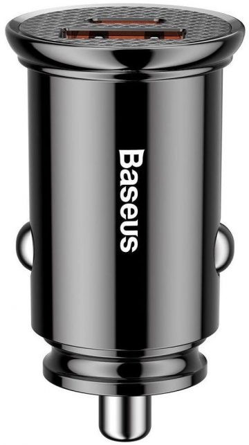 Baseus apaļais automašīnas lādētājs 30W 5A USB-C, USB-A, melnsBaseus apaļais automašīnas lādētājs 30W 5A USB-C, USB-A, melns