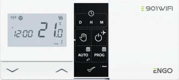 ENGO Controls E901-WIFI - Bezvadu temperatūras regulators, Wi-Fi, internets, balts, 868 MHz, darbināms ar baterijām ENGO Controls E901-WIFI - Bezvadu temperatūras regulators, Wi-Fi, internets, balts, 868 MHz, darbināms ar baterijām