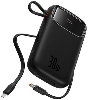 Baseus QPow 2 10000mAh 30W Power Bank ar 2 iebūvētiem USB-C kabeļiem - melns Baseus QPow 2 10000mAh 30W Power Bank ar 2 iebūvētiem USB-C kabeļiem - melns