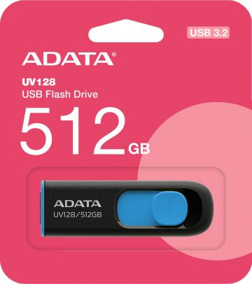Adata UV128 512GB USB 3.2 Gen1 USB zibatmiņa, melna un zila
