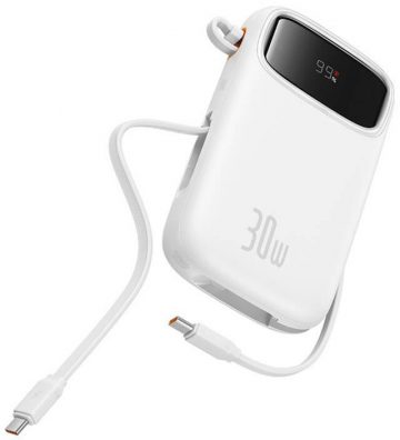 Baseus QPow 2 10000mAh 30W Power Bank ar 2 iebūvētiem USB-C kabeļiem - balts