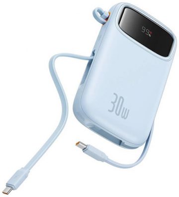Baseus QPow 2 10000mAh 30W Power Bank ar 2 iebūvētiem USB-C kabeļiem - zils Baseus QPow 2 10000mAh 30W Power Bank ar 2 iebūvētiem USB-C kabeļiem - zils