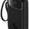 Baseus QPow 2 10000mAh 30W Power Bank ar 2 iebūvētiem USB-C kabeļiem - melns Baseus QPow 2 10000mAh 30W Power Bank ar 2 iebūvētiem USB-C kabeļiem - melns