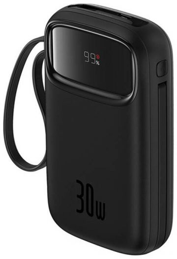 Baseus QPow 2 10000mAh 30W Power Bank ar 2 iebūvētiem USB-C kabeļiem - melns Baseus QPow 2 10000mAh 30W Power Bank ar 2 iebūvētiem USB-C kabeļiem - melns