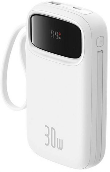 Baseus QPow 2 10000mAh 30W Power Bank ar 2 iebūvētiem USB-C kabeļiem - balts