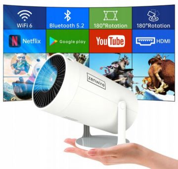 Zenwire R1 Full HD pārnēsājamais projektors ar Android Wifi un Bluetooth, pagriežams