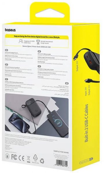 Baseus QPow 2 10000mAh 30W Power Bank ar 2 iebūvētiem USB-C kabeļiem - melns Baseus QPow 2 10000mAh 30W Power Bank ar 2 iebūvētiem USB-C kabeļiem - melns