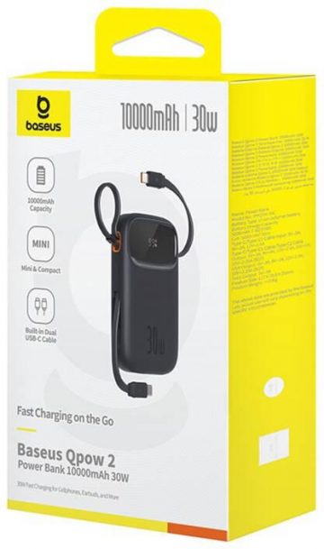 Baseus QPow 2 10000mAh 30W Power Bank ar 2 iebūvētiem USB-C kabeļiem - melns Baseus QPow 2 10000mAh 30W Power Bank ar 2 iebūvētiem USB-C kabeļiem - melns