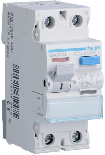 HAGER RCCB paliekošās strāvas ķēdes pārtraucējs 1P+N 40A 30mA 6kA A CDA240JHAGER RCCB paliekošās strāvas ķēdes pārtraucējs 1P+N 40A 30mA 6kA A CDA240J