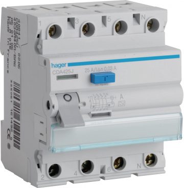 HAGER RCCB paliekošās strāvas ķēdes pārtraucējs 3P+N 25A 30mA 6kA AC CDA425JHAGER RCCB paliekošās strāvas ķēdes pārtraucējs 3P+N 25A 30mA 6kA AC CDA425J