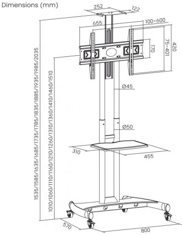 MOBILAIS STATĪVS + STIPRĪNĀJUMS TV 32-70″ 45KG S-12 ART Vesa 600×400